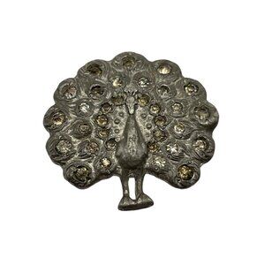 Vintage Art Deco Mini Peacock Brooch Pin Crystal‎ Rhinestone Pot Metal Antique